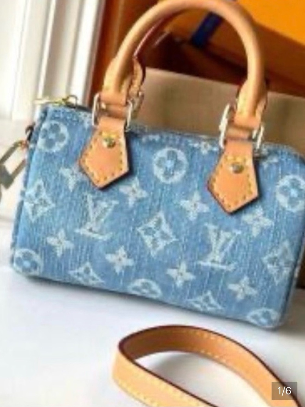 Blue Denim Monogram Mini crossbody satchel with Tan Trim